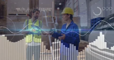 Tablet inspector entering frame, camera panning warehouse worker scanning boxes Stock Footage 334040611