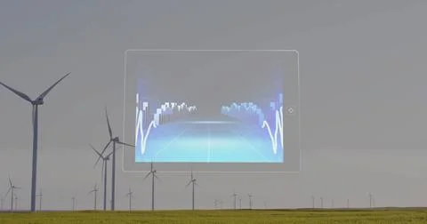 Tablet interface with data image over wind turbines in field Illustrazione stock