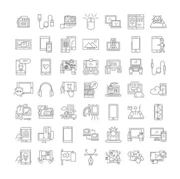 Tablet interface linear icons, signs, symbols vector line illustration set Stock Illustration