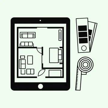 Tablet with Interior Design Floor Plan Stock Illustration