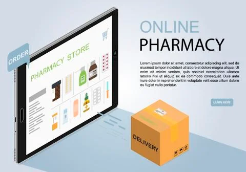 Tablet in isometry, an online medicine store concept for a banner, web page Stock Illustration