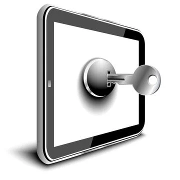 Tablet with key on white background Stock Illustration