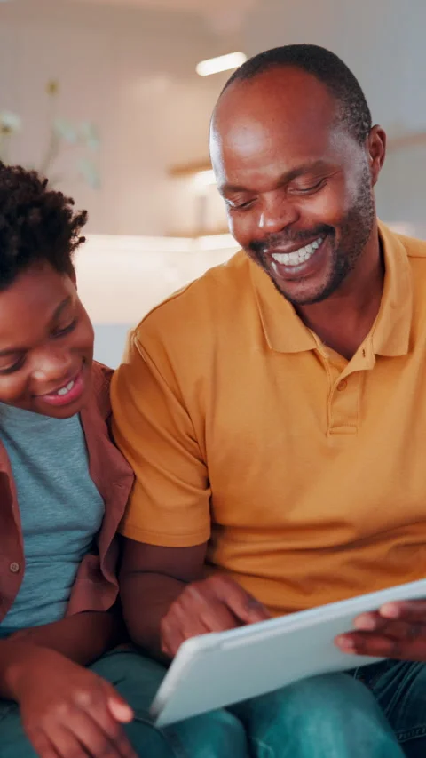 Tablet, kid or dad with game in home for teaching online puzzle, problem solving Stock Footage 338425490
