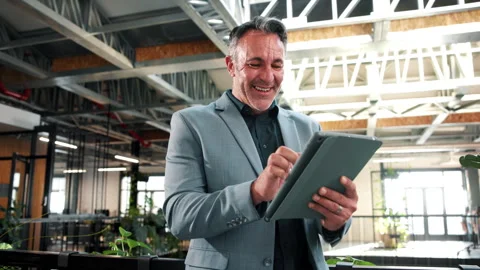 Tablet, laugh and business man in company, expense report or budget approval for Stock Footage 338020118