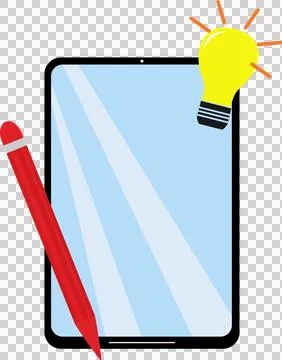 Tablet with light bulb and red stylus pen, drawing (1) Stock Illustration