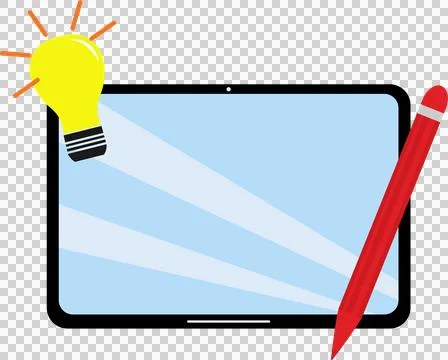Tablet with light bulb and red stylus pen, drawing (2) Stock Illustration