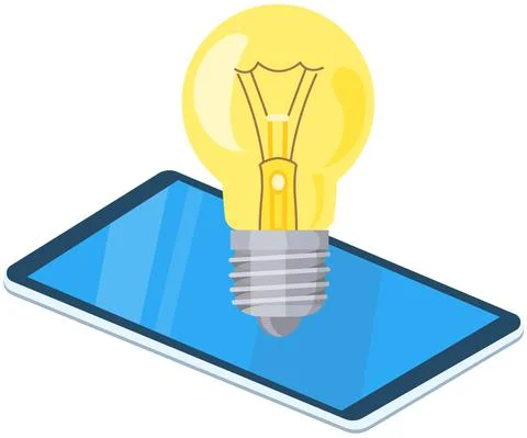 Tablet with light bulb on screen. Modern device with touchscreen display and Stock Illustration