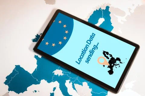 Tablet with location surveillance software on screen over an EU map. Stock-Fotos