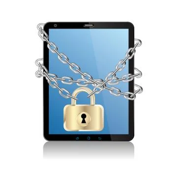 Tablet locked by a chain.Isolated on white background. Stock Illustration
