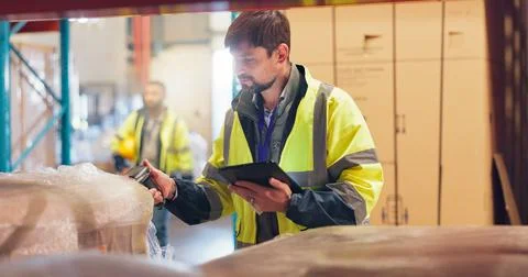 Tablet, logistics and scanner with man in warehouse for quality control, supply Stock Photos