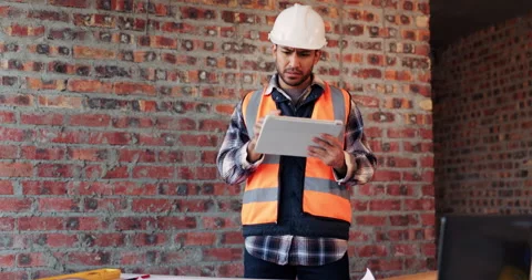 Tablet, man and confused at construction site with engineering app, space or Stock Footage 336208487