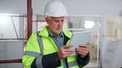 Tablet, man and construction worker on site with research for maintenance Stock Footage 341548483