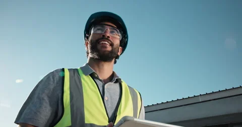 Tablet, man and construction worker on site outdoor with research for building Stock Footage 343546298