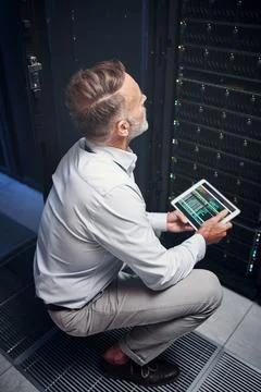Tablet, man and engineer with inspection, update or programming on app in data Stock Photos