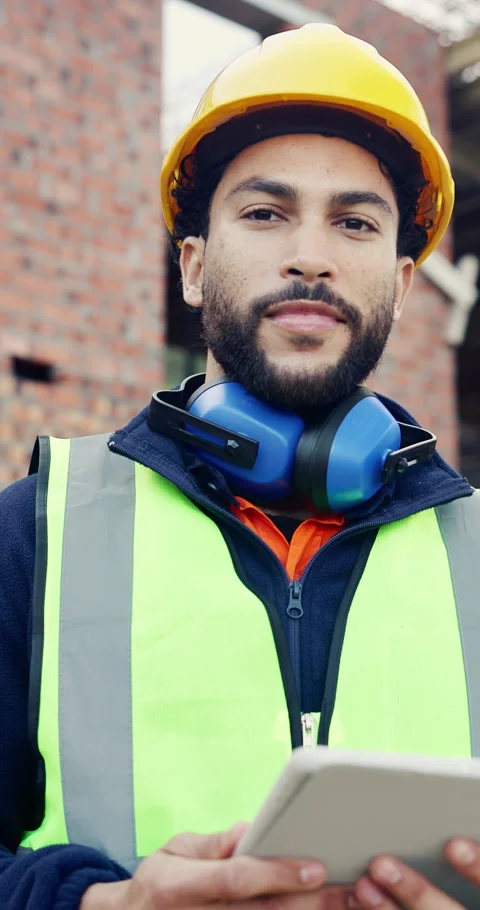 Tablet, man and face on construction site with developer for building, Stock Footage 336776651