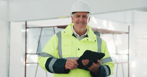 Tablet, man and face of construction worker on site with research for renovation Stock Footage 341461414