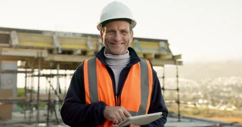 Tablet, man and face of construction worker on site with confidence for building Stock Footage 342746779