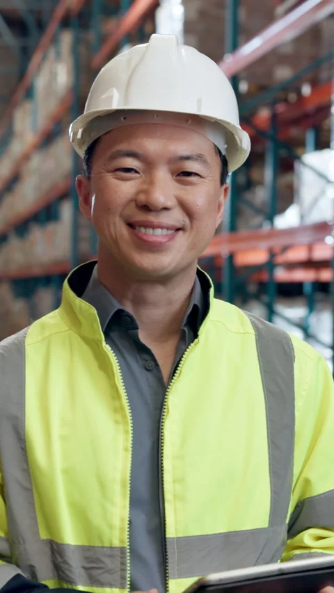 Tablet, man and face of distribution worker in warehouse with confidence for Stock Footage 340451552