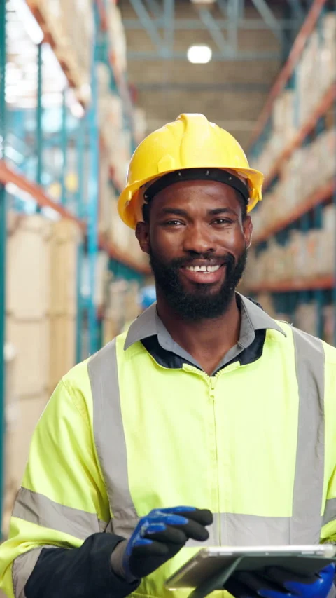 Tablet, man and face of supply chain worker in warehouse with confidence for Stock Footage 340539907