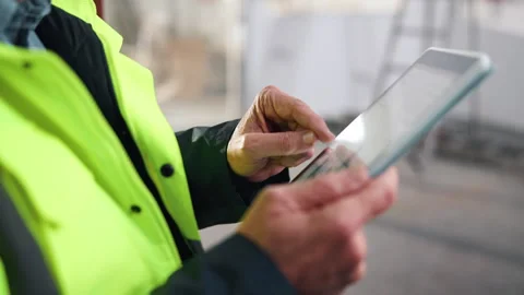Tablet, man and hands of construction worker on site with project for remodeling Stock Footage 341547845