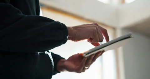 Tablet, man and hands of construction worker in office for research on Stock Footage 343262249