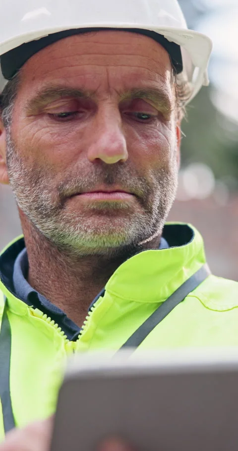 Tablet, man and inspection on construction site for engineer, management and Stock Footage 340951838