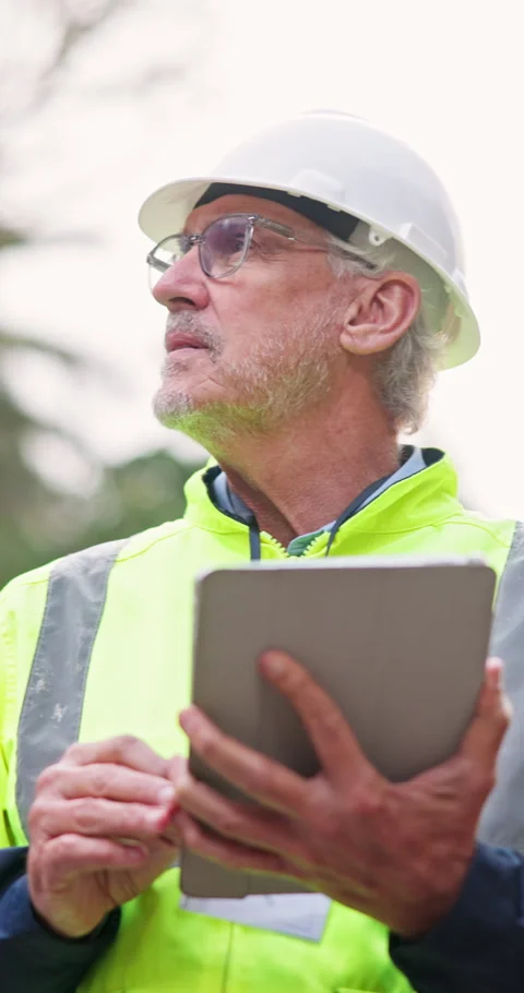 Tablet, man and inspection on construction site for civil engineer, management Stock Footage 340954925