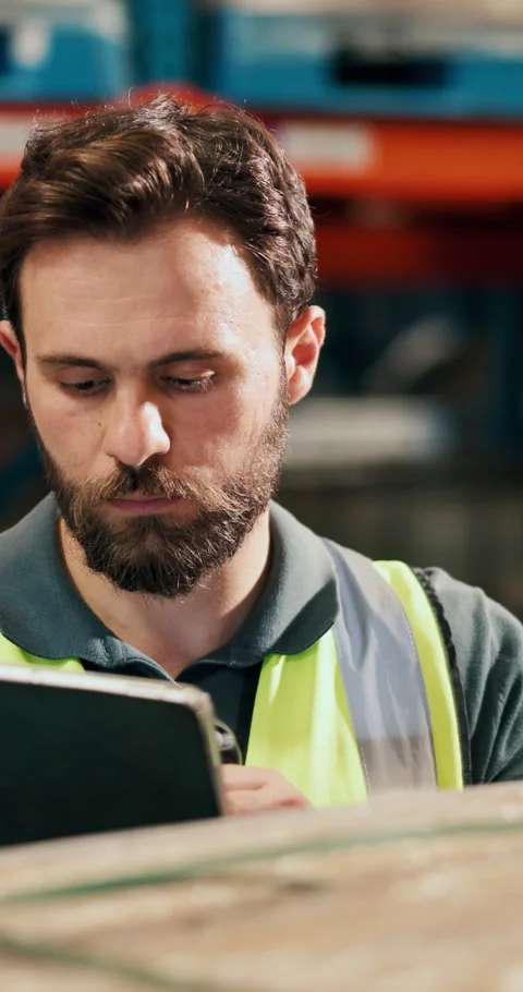 Tablet, man and logistics worker with scanner in warehouse for checking packages Stock Footage 328163948