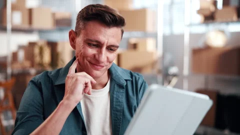 Tablet, man and logistics worker in office with online information for order Stock Footage 341660179