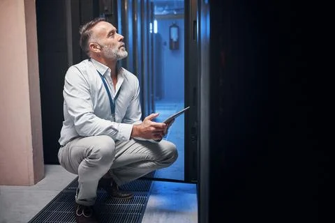 Tablet, man and programmer with inspection, update or engineer on app in data Stock Photos