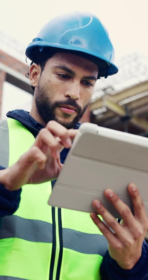 Tablet, man and scroll on construction site with developer for building, Stock Footage 336794143