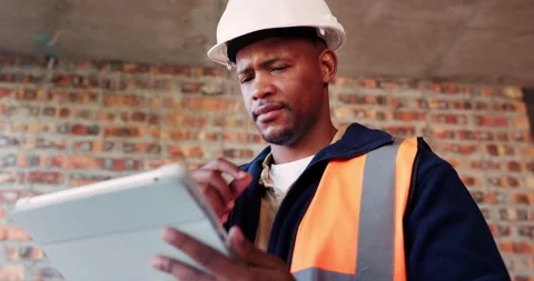 Tablet, man and thinking of idea at construction site with engineering app Stock Footage 336222578