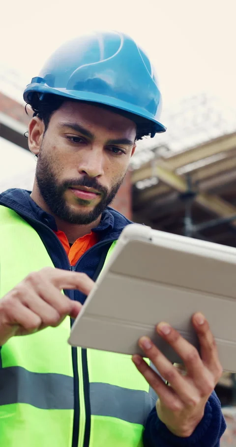 Tablet, man and typing on construction site with developer for building, Stock Footage 336776921