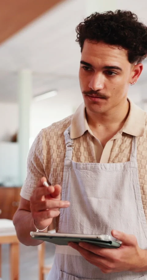 Tablet, man or inspection in ceramics workshop, inventory management or online Stock Footage 333368942