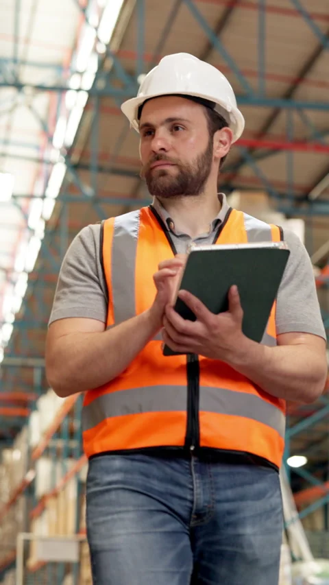 Tablet, man walk and warehouse worker thinking of inventory inspection, shipping 스톡 동영상 319010956