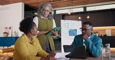 Tablet, manager and meeting with discussion for campaign scope, brand strategy Video stock 345321702