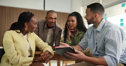 Tablet, manager or employees with feedback meeting, campaign plan or review Stock Footage 329374896