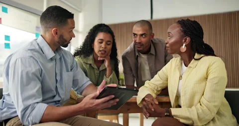 Tablet, manager or people with feedback meeting, campaign proposal or review Stock Footage 329362598