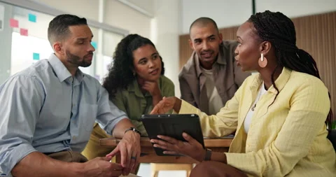 Tablet, manager or staff with feedback meeting, campaign proposal or review Stock Footage 329376531