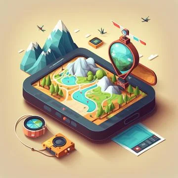 A tablet with a map and a compass on it next to a cell phone with a gps edi.. Stock Illustration