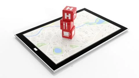 Tablet with map and cubes with locations isolated on white Stock Illustration