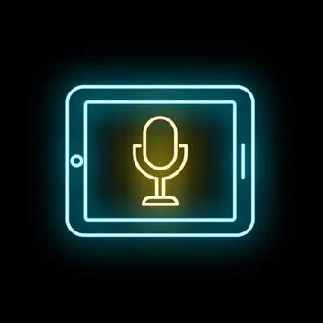 Tablet with microphone neon sign for audio recording 스톡 일러스트
