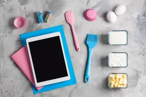 Tablet mobile application service website mockup kitchen baking background Stock Photos
