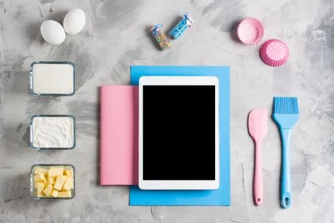 Tablet mobile application service website mockup kitchen baking background Stock Photos