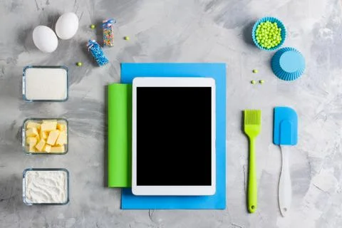 Tablet mobile application service website mockup kitchen baking background Stock Photos