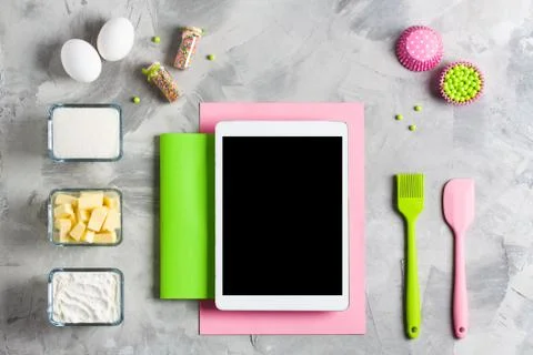Tablet mobile application service website mockup kitchen baking background Stock Photos