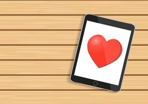 Tablet mobile isolated with red heart on wooden. Valentine's Day, realistic.. Stock Illustration