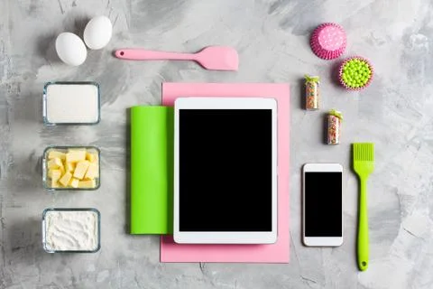 Tablet mobile phone application service website mockup kitchen baking Stock Photos