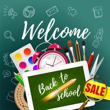 Tablet mock up template with school supplies on green blackboard . Welcome Back Stock Illustration