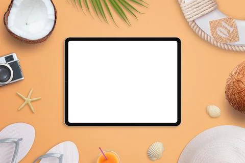 Tablet mockup on beach concept. Isolated screen for design promotion. Top vie Stock Photos